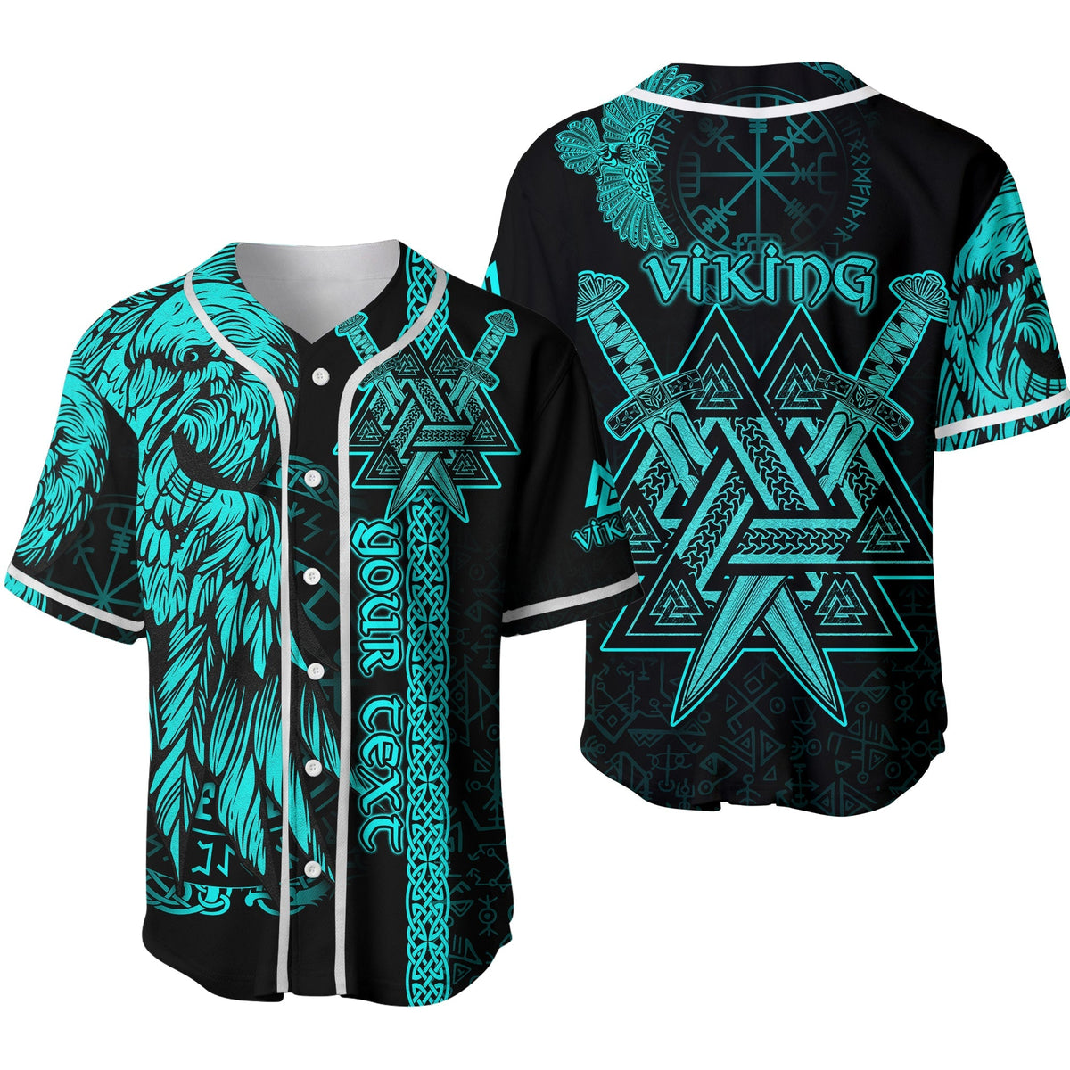 Custom Viking Baseball Jersey Valknut Raven Symbol Celtic Vegvisir Cyan Color Ver.02 - Wonder Print Shop