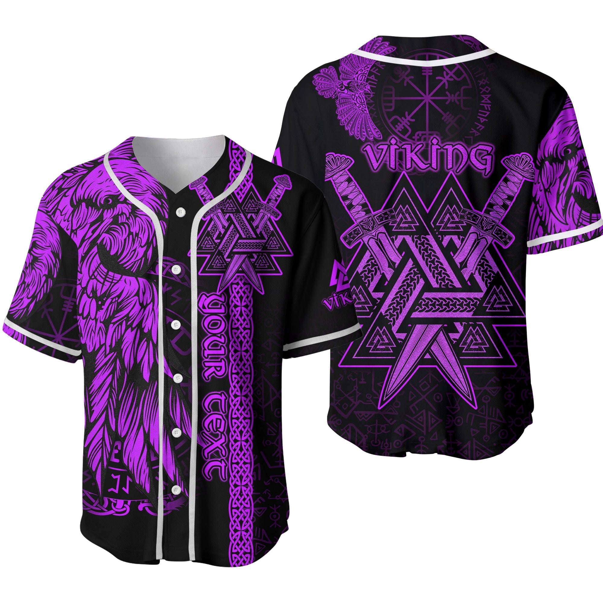 Custom Viking Baseball Jersey Valknut Raven Symbol Celtic Vegvisir Purple Color Ver.02 - Wonder Print Shop