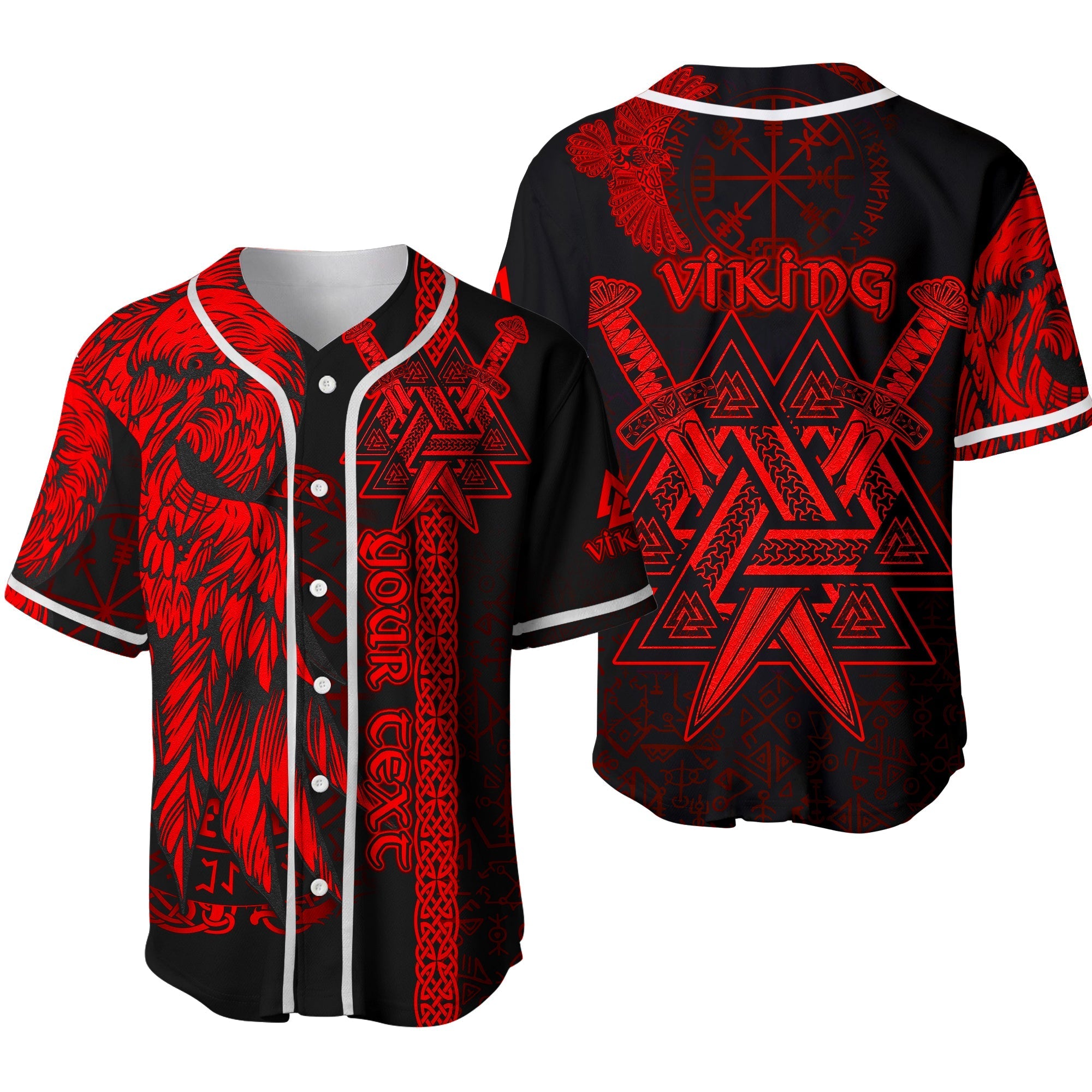 Custom Viking Baseball Jersey Valknut Raven Symbol Celtic Vegvisir Red Color Ver.02 - Wonder Print Shop