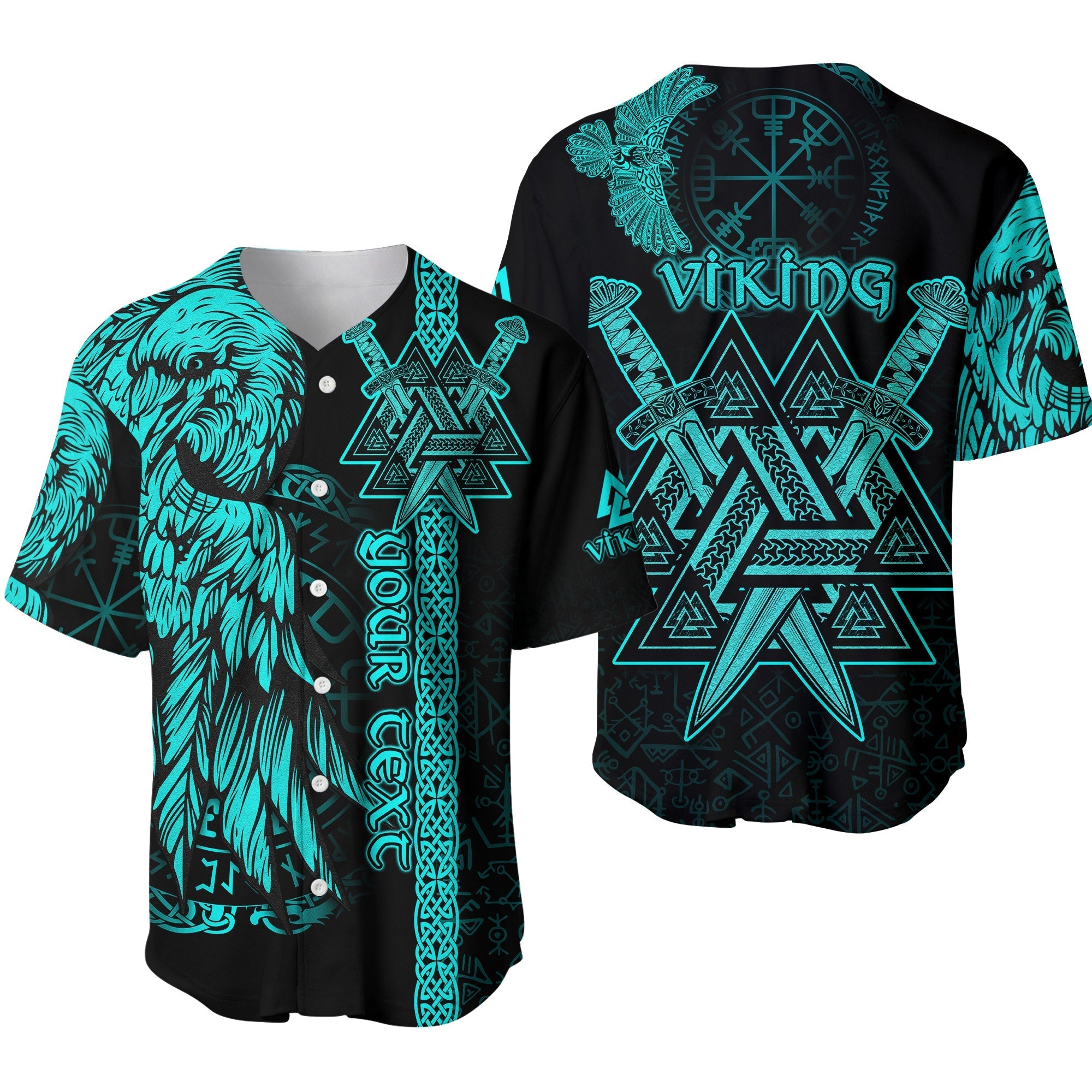 Custom Viking Baseball Jersey Valknut Raven Symbol Celtic Vegvisir Cyan Color - Wonder Print Shop