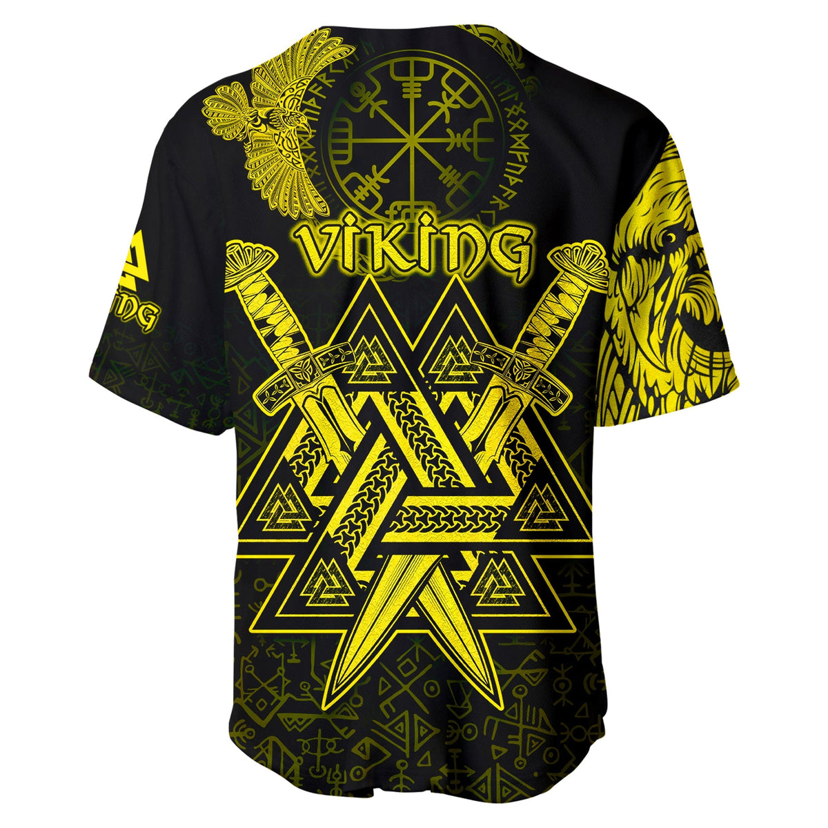 Custom Viking Baseball Jersey Valknut Raven Symbol Celtic Vegvisir Yellow Color - Wonder Print Shop