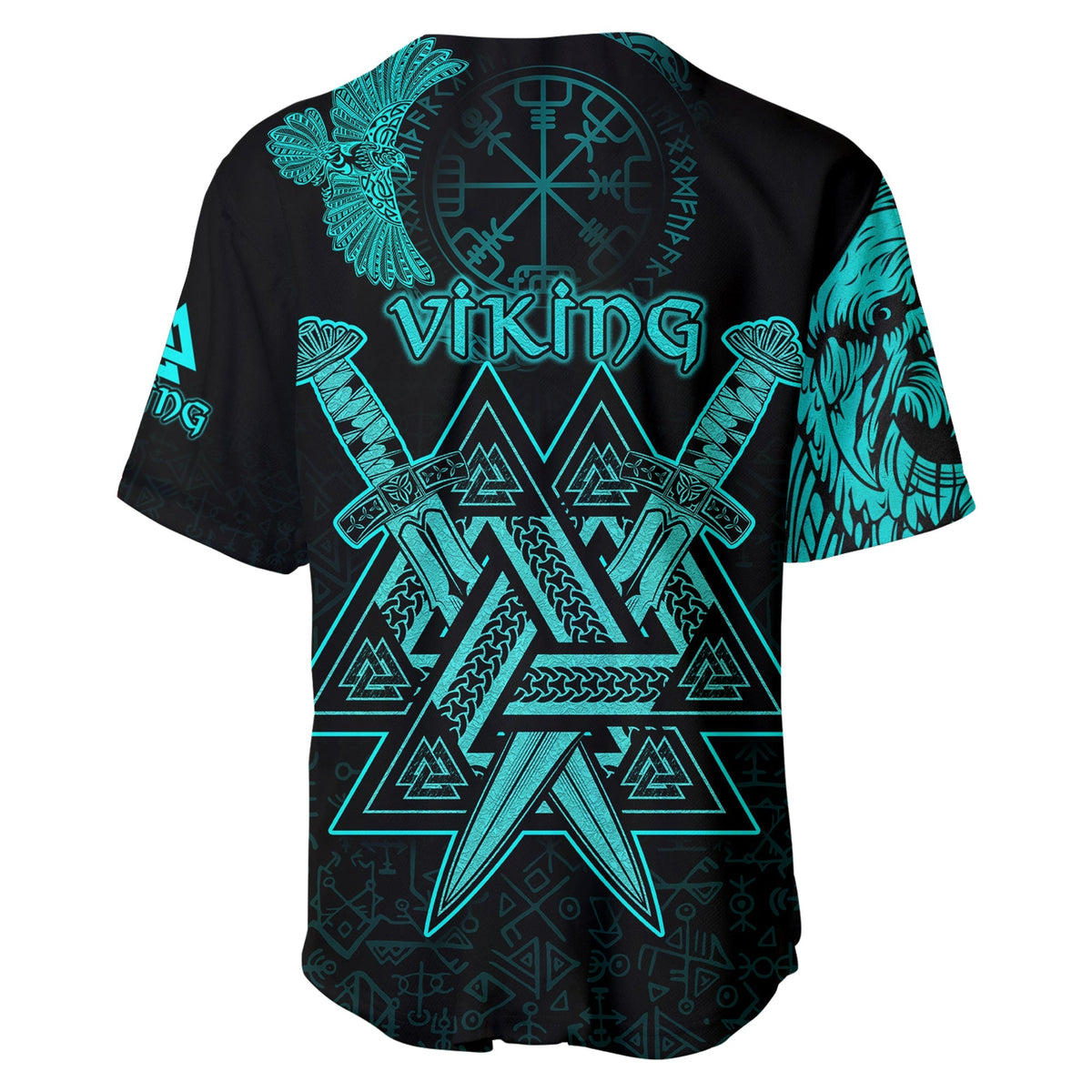 Custom Viking Baseball Jersey Valknut Raven Symbol Celtic Vegvisir Cyan Color - Wonder Print Shop