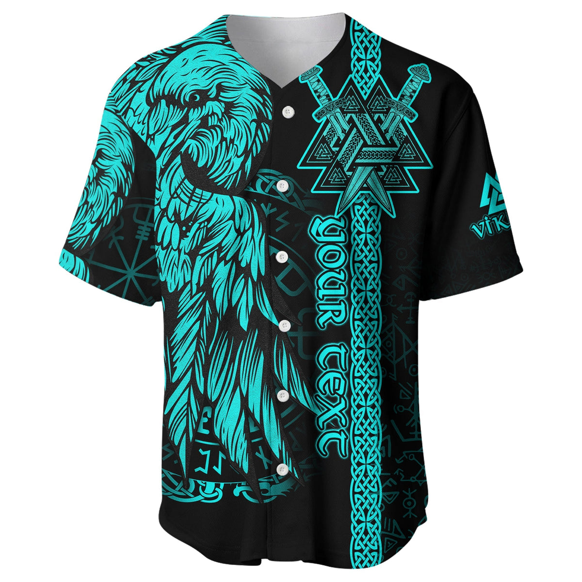 Custom Viking Baseball Jersey Valknut Raven Symbol Celtic Vegvisir Cyan Color - Wonder Print Shop