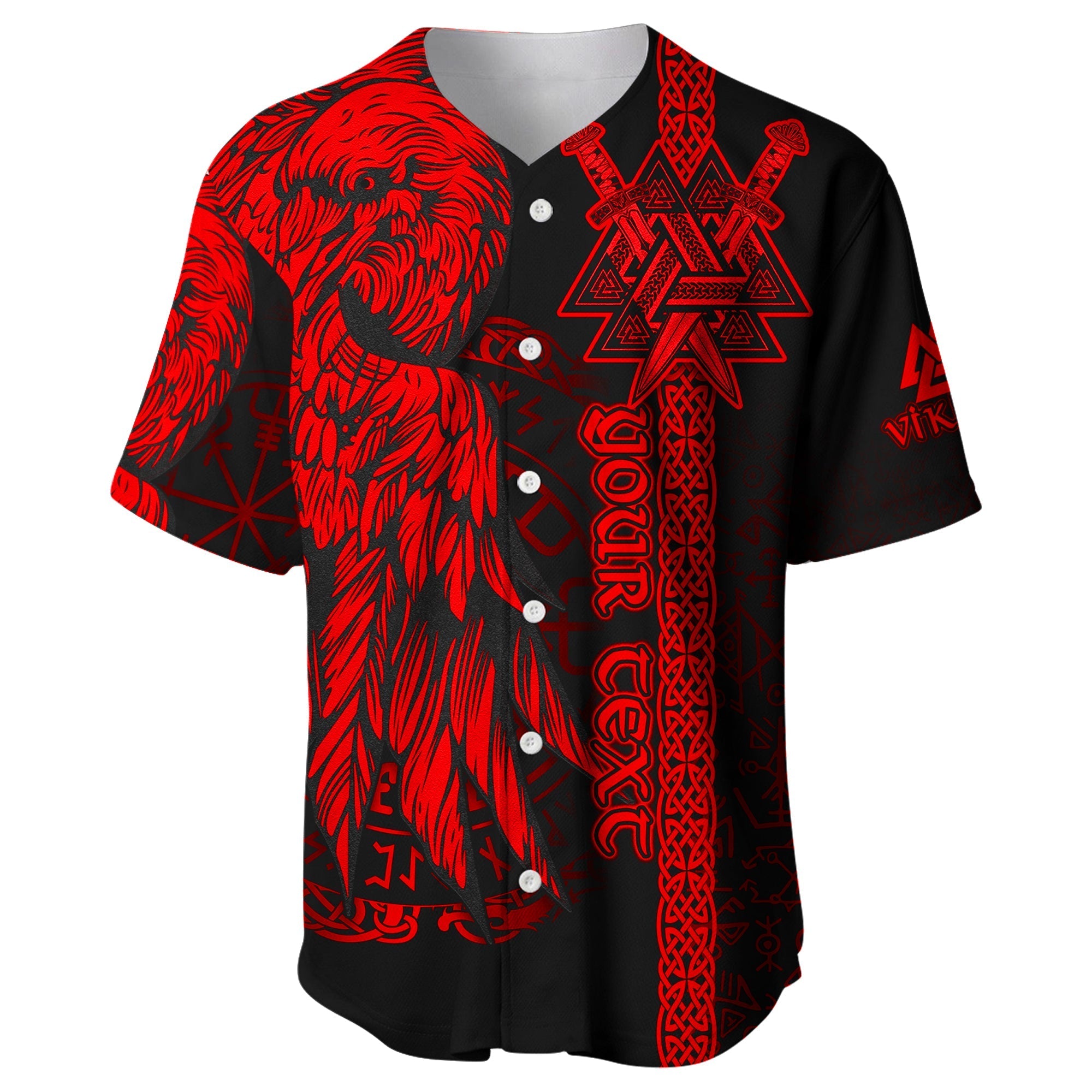 Custom Viking Baseball Jersey Valknut Raven Symbol Celtic Vegvisir Red Color - Wonder Print Shop