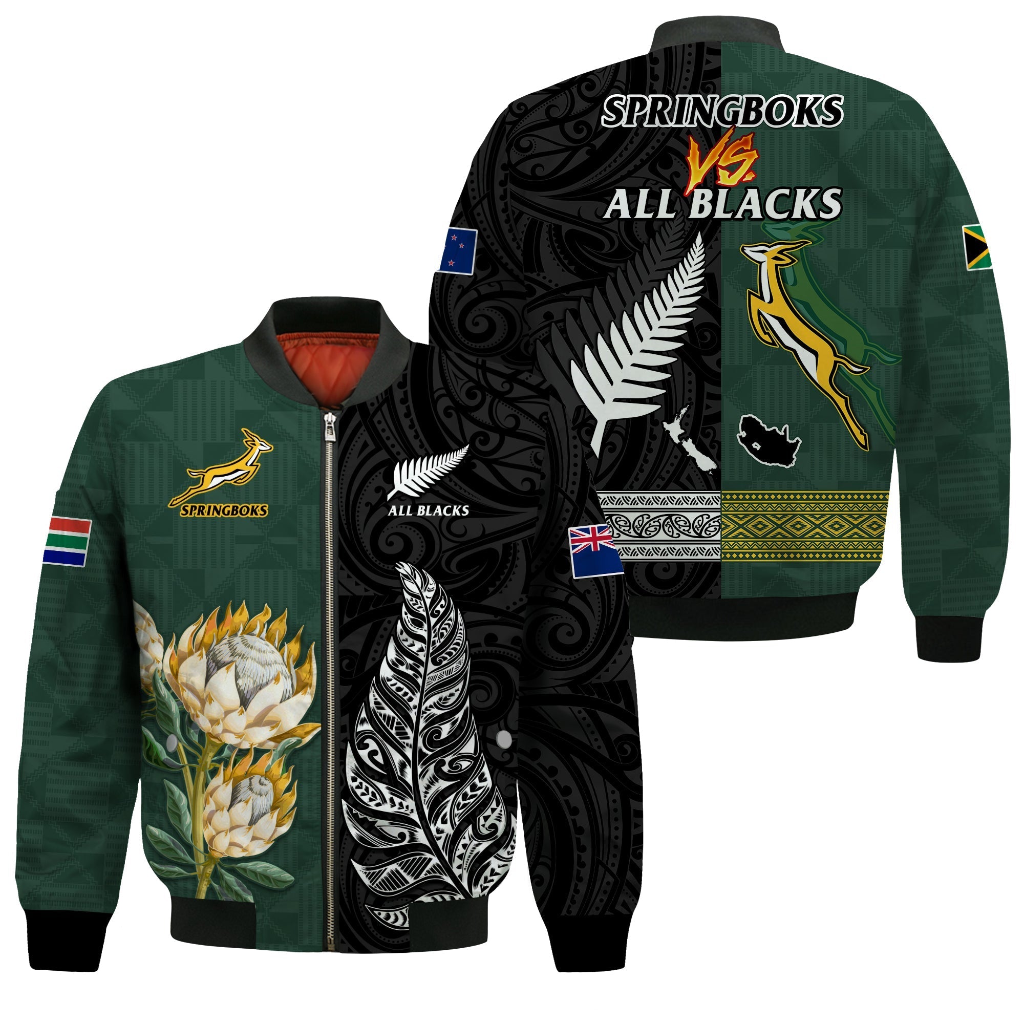 South Africa Protea and New Zealand Fern Kid Bomber Jacket Rugby Go Springboks vs All Black LT13