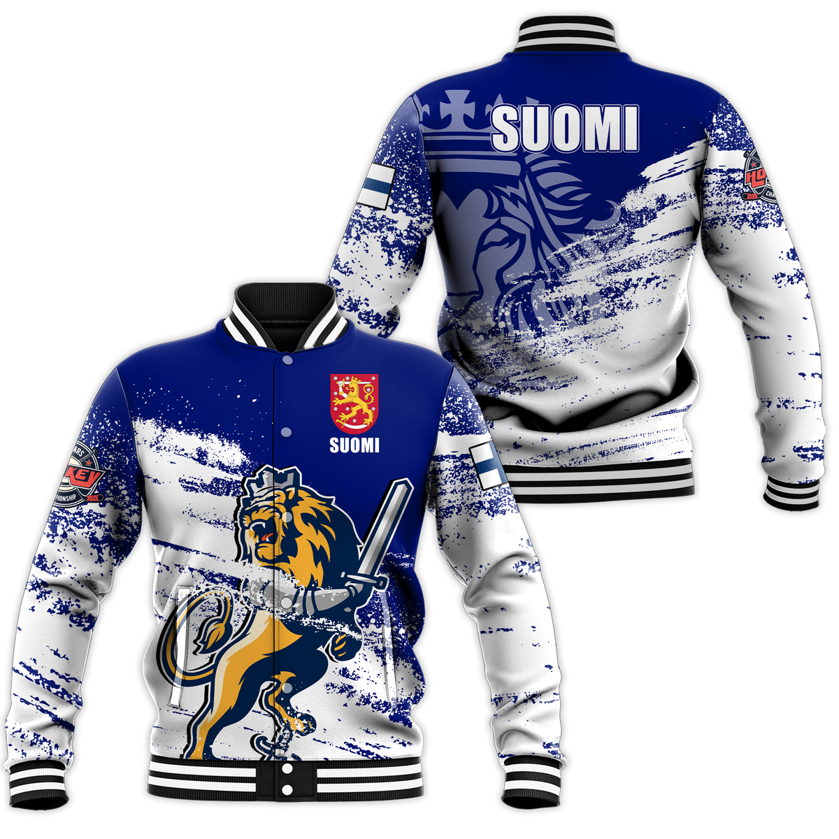 Hockey baseball jacket with ribbed collar and cuffs, SUOMI lion graphic