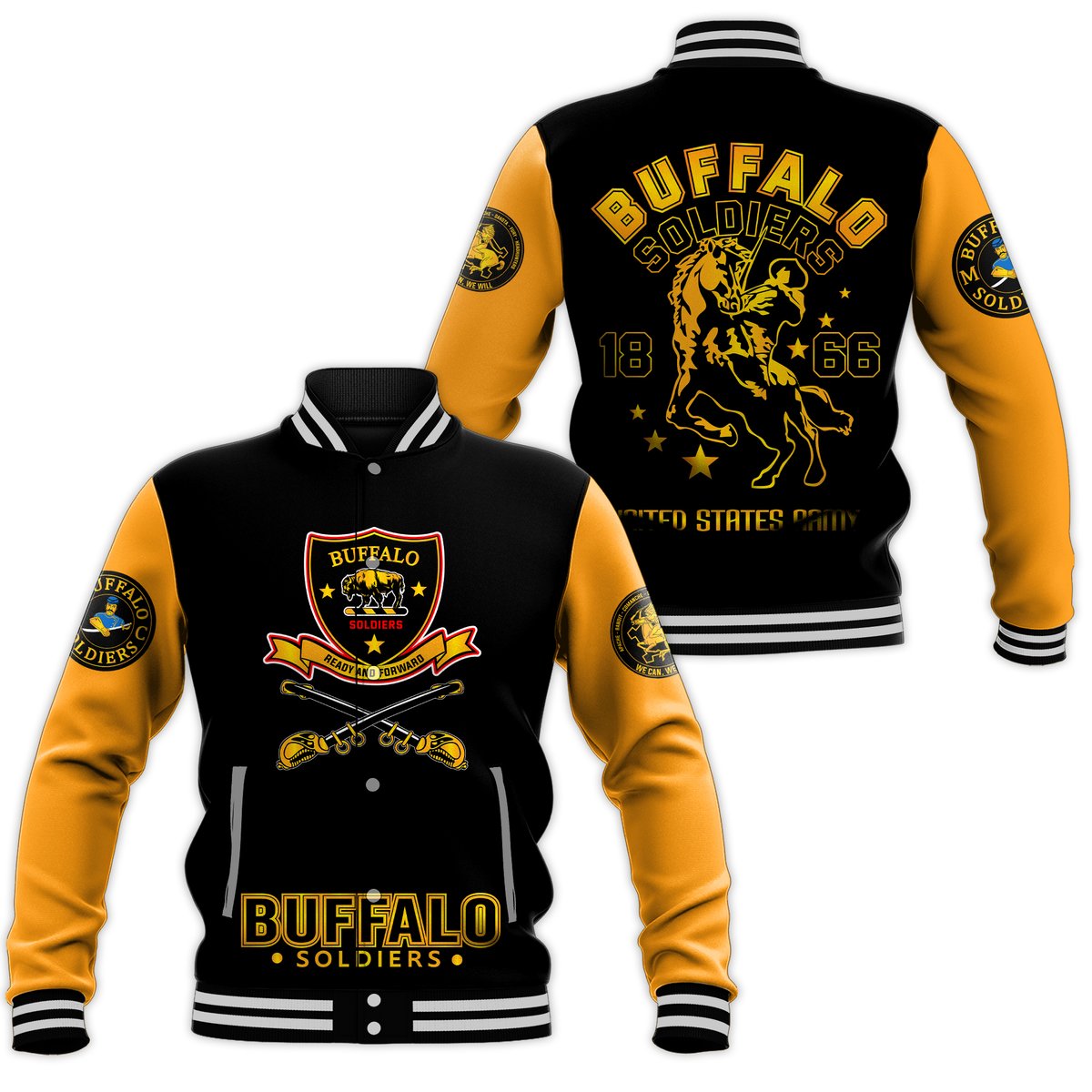 Black and gold varsity baseball jacket with Buffalo Soldiers emblem and ribbed trim
