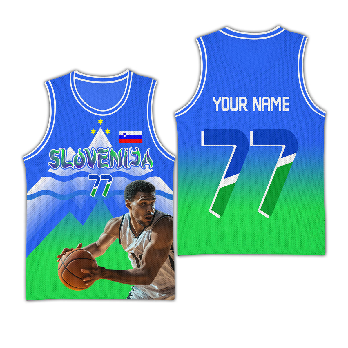 Custom Photo Slovenia Deep Icy-Light Green Basketball Jersey
