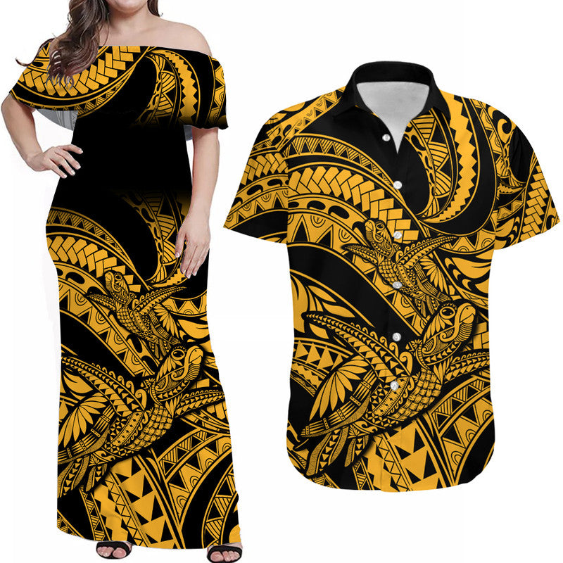 Matching Outfits For Couples Polynesian Combo Dress And Hawaiian Shirt Tribal Mix Turtle Gold Version - Wonder Print Shop