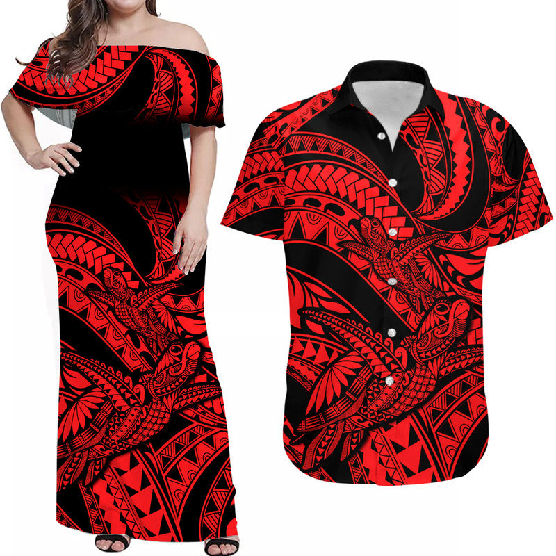 Matching Outfits For Couples Polynesian Combo Dress And Hawaiian Shirt Tribal Mix Turtle Red Version - Wonder Print Shop