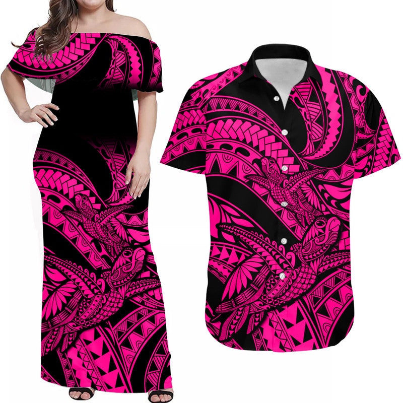 Matching Outfits For Couples Polynesian Combo Dress And Hawaiian Shirt Tribal Mix Turtle Pink Version - Wonder Print Shop