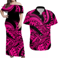 Matching Outfits For Couples Polynesian Combo Dress And Hawaiian Shirt Tribal Mix Turtle Pink Version - Wonder Print Shop