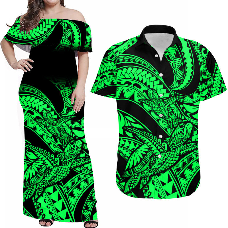 Matching Outfits For Couples Polynesian Combo Dress And Hawaiian Shirt Tribal Mix Turtle Green Version - Wonder Print Shop