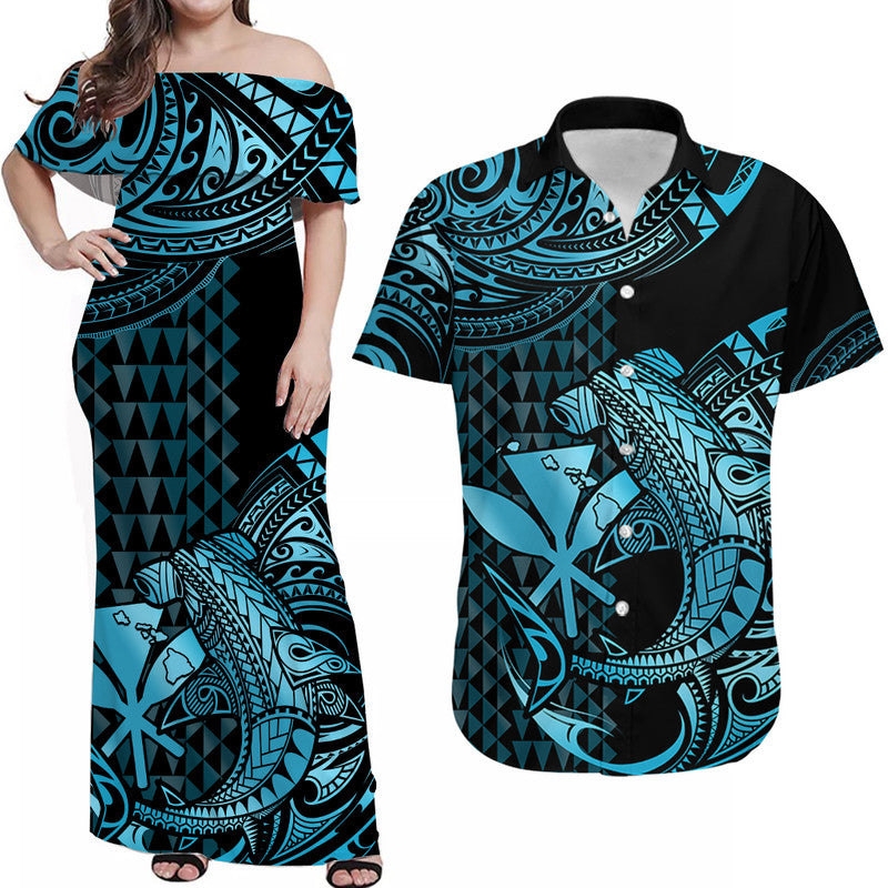 Matching Outfits For Couples Hawaii Hammerhead Shark Combo Dress And Hawaiian Shirt Polynesian Kakau With Kanaka Turquoise - Wonder Print Shop