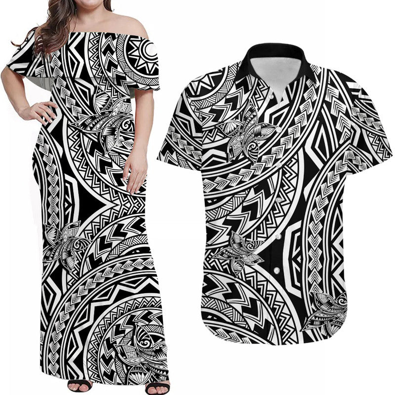 Matching Outfits For Couples Polynesia Combo Dress and Hawaiian Shirt Tattoo Plumeria Black - Wonder Print Shop