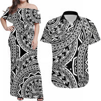 Matching Outfits For Couples Polynesia Combo Dress and Hawaiian Shirt Tattoo Plumeria Black - Wonder Print Shop