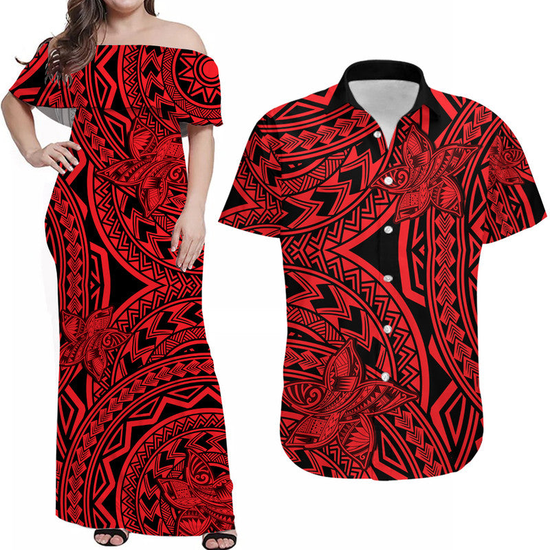 Matching Outfits For Couples Polynesia Combo Dress and Hawaiian Shirt Tattoo Plumeria Red - Wonder Print Shop