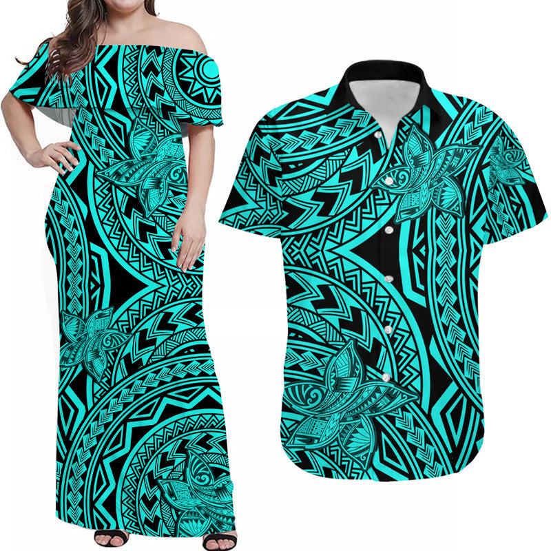 Matching Outfits For Couples Polynesia Combo Dress and Hawaiian Shirt Tattoo Plumeria Turquoise - Wonder Print Shop