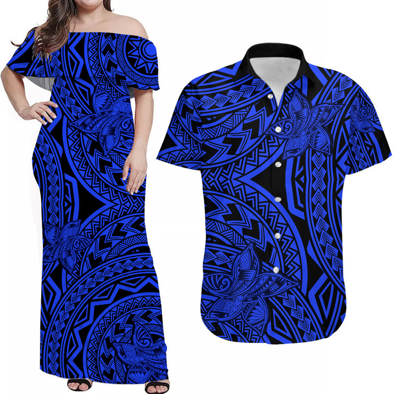 Matching Outfits For Couples Polynesia Combo Dress and Hawaiian Shirt Tattoo Plumeria Blue - Wonder Print Shop
