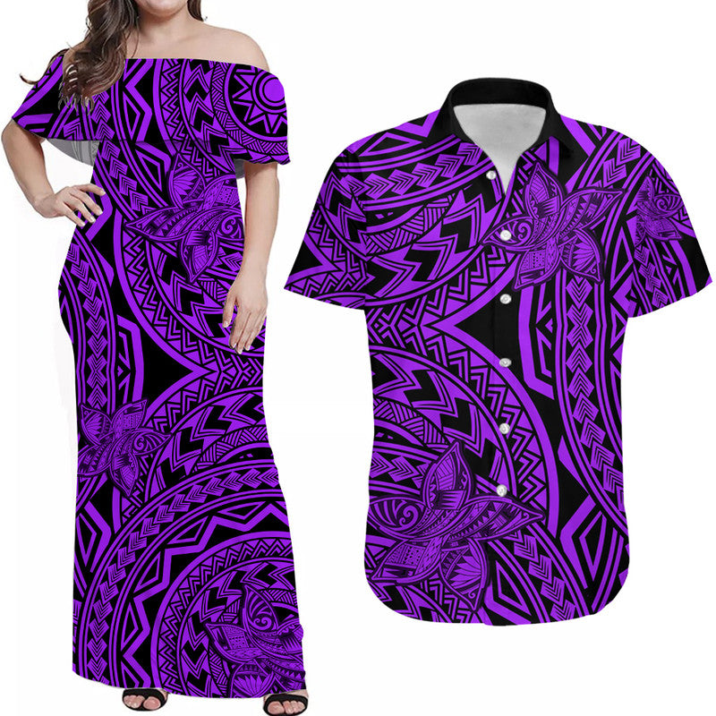 Matching Outfits For Couples Polynesia Combo Dress and Hawaiian Shirt Tattoo Plumeria Purple - Wonder Print Shop