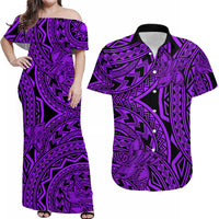 Matching Outfits For Couples Polynesia Combo Dress and Hawaiian Shirt Tattoo Plumeria Purple - Wonder Print Shop