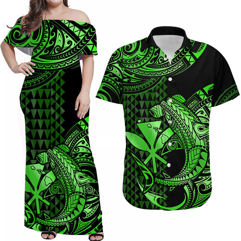 Matching Outfits For Couples Hawaii Hammerhead Shark Combo Dress And Hawaiian Shirt Polynesian Kakau With Kanaka Green - Wonder Print Shop
