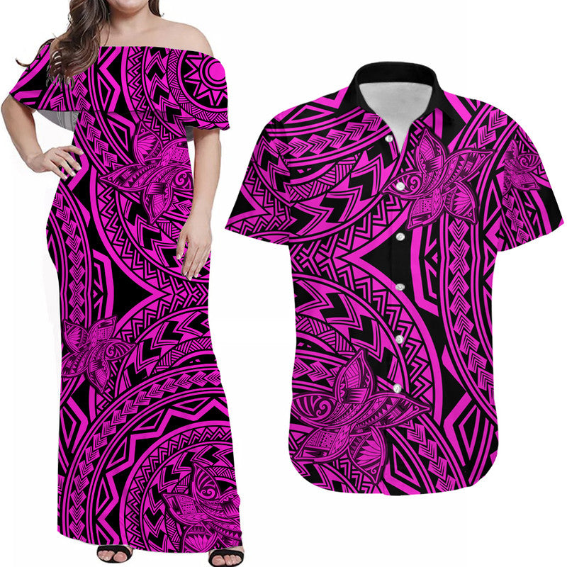 Matching Outfits For Couples Polynesia Combo Dress and Hawaiian Shirt Tattoo Plumeria Pink - Wonder Print Shop