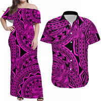 Matching Outfits For Couples Polynesia Combo Dress and Hawaiian Shirt Tattoo Plumeria Pink - Wonder Print Shop