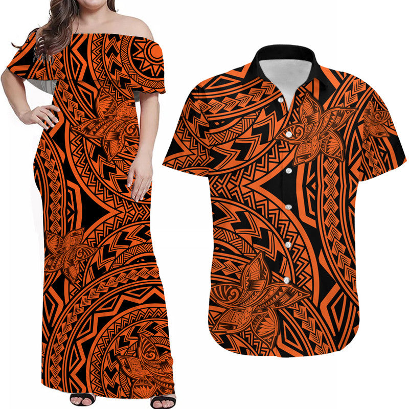 Matching Outfits For Couples Polynesia Combo Dress and Hawaiian Shirt Tattoo Plumeria Orange - Wonder Print Shop