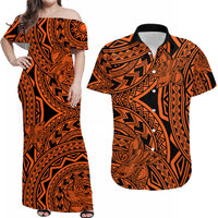Matching Outfits For Couples Polynesia Combo Dress and Hawaiian Shirt Tattoo Plumeria Orange - Wonder Print Shop