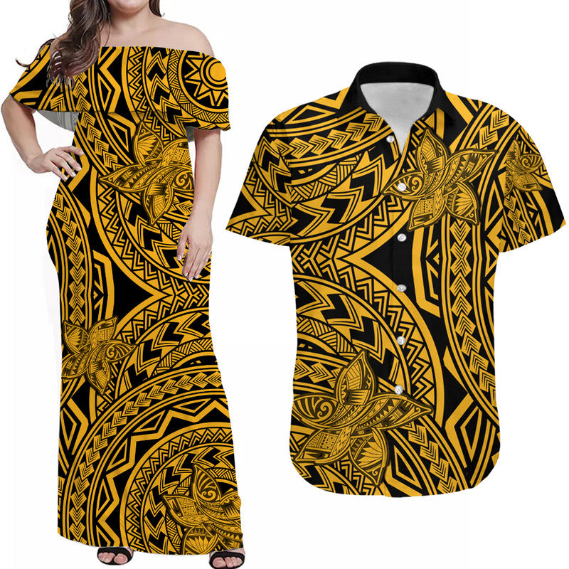 Matching Outfits For Couples Polynesia Combo Dress and Hawaiian Shirt Tattoo Plumeria Gold - Wonder Print Shop