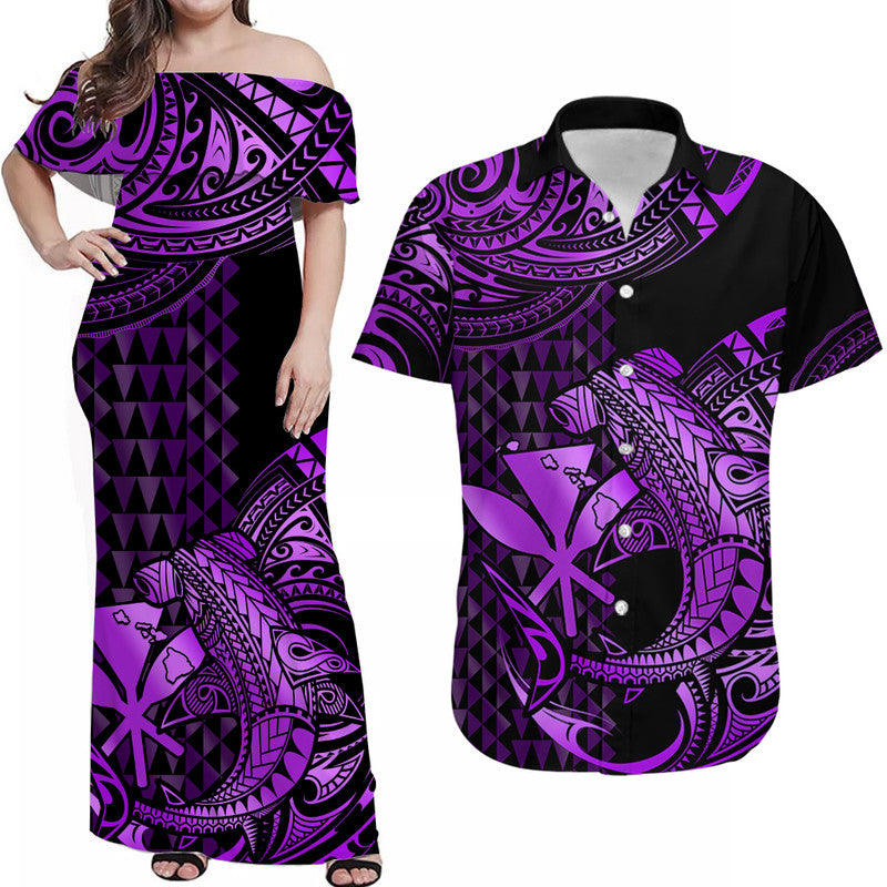 Personalised Matching Outfits For Couples Hawaii Hammerhead Shark Combo Dress And Hawaiian Shirt Polynesian Kakau With Kanaka Purple - Wonder Print Shop