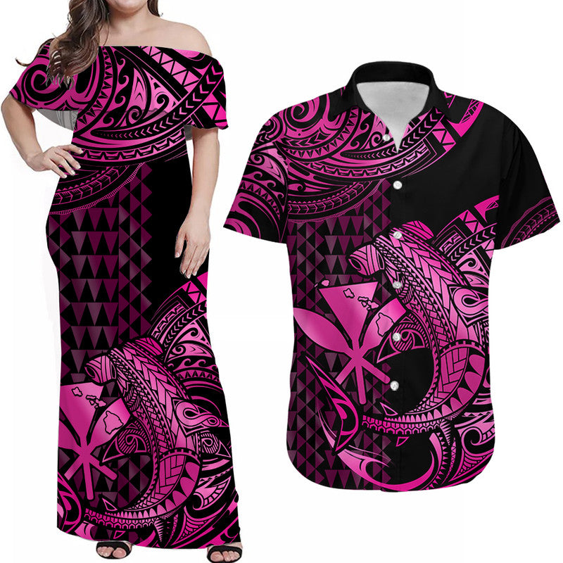 Matching Outfits For Couples Hawaii Hammerhead Shark Combo Dress And Hawaiian Shirt Polynesian Kakau With Kanaka Pink - Wonder Print Shop