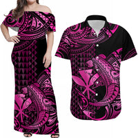 Matching Outfits For Couples Hawaii Hammerhead Shark Combo Dress And Hawaiian Shirt Polynesian Kakau With Kanaka Pink - Wonder Print Shop