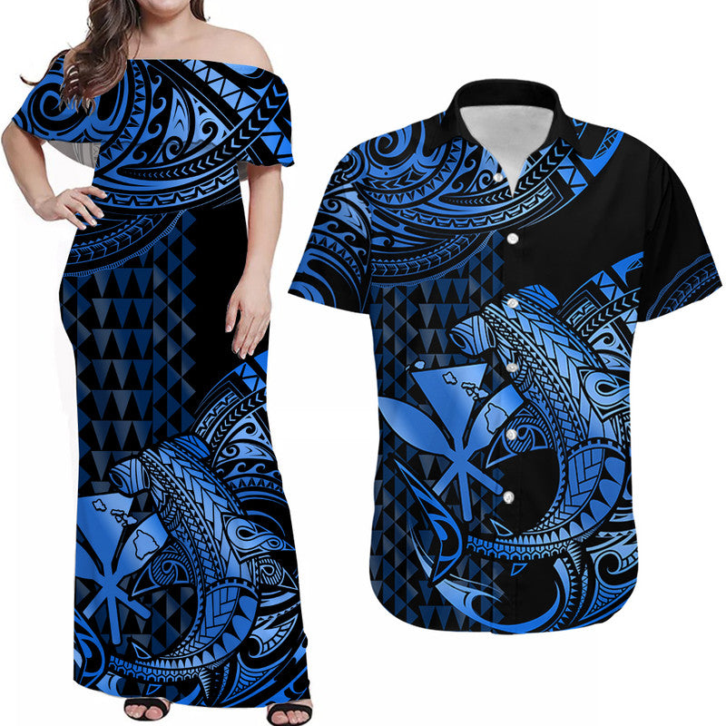 Matching Outfits For Couples Hawaii Hammerhead Shark Combo Dress And Hawaiian Shirt Polynesian Kakau With Kanaka Blue - Wonder Print Shop