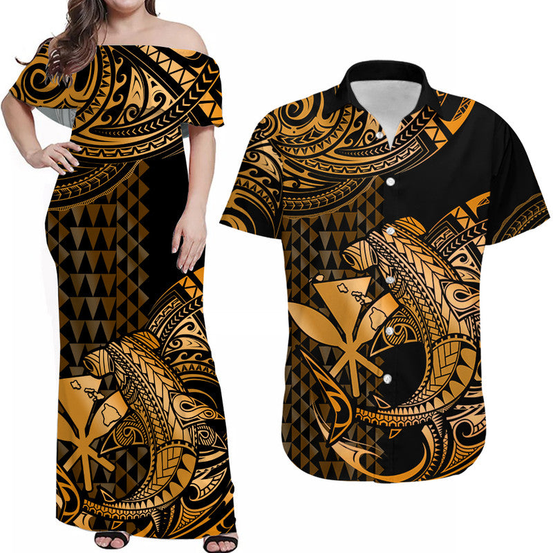 Matching Outfits For Couples Hawaii Hammerhead Shark Combo Dress And Hawaiian Shirt Polynesian Kakau With Kanaka Gold - Wonder Print Shop