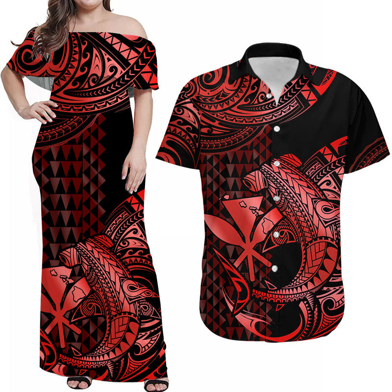 Matching Outfits For Couples Hawaii Hammerhead Shark Combo Dress And Hawaiian Shirt Polynesian Kakau With Kanaka Red - Wonder Print Shop