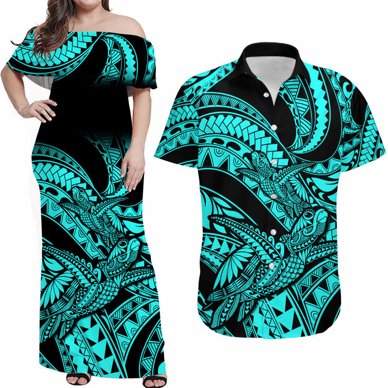 Matching Outfits For Couples Polynesian Combo Dress And Hawaiian Shirt Tribal Mix Turtle Turquoise Version - Wonder Print Shop