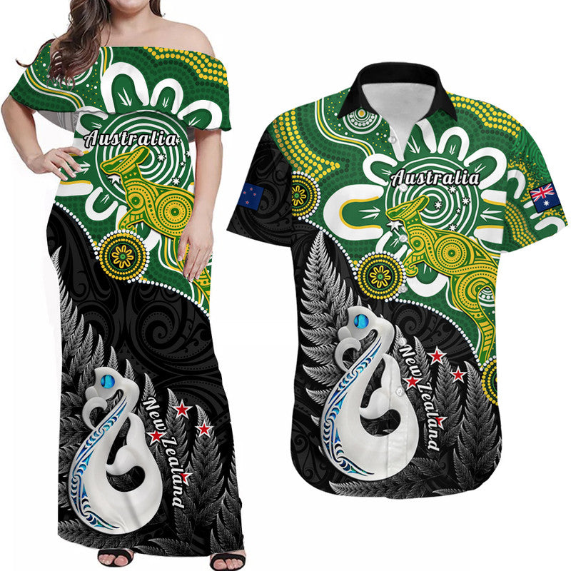 Personalised Matching Outfits For Couples New Zealand And Australia Combo Dress And Hawaiian Shirt Aboriginal Mix Aotearoa Maori Unique - Wonder Print Shop