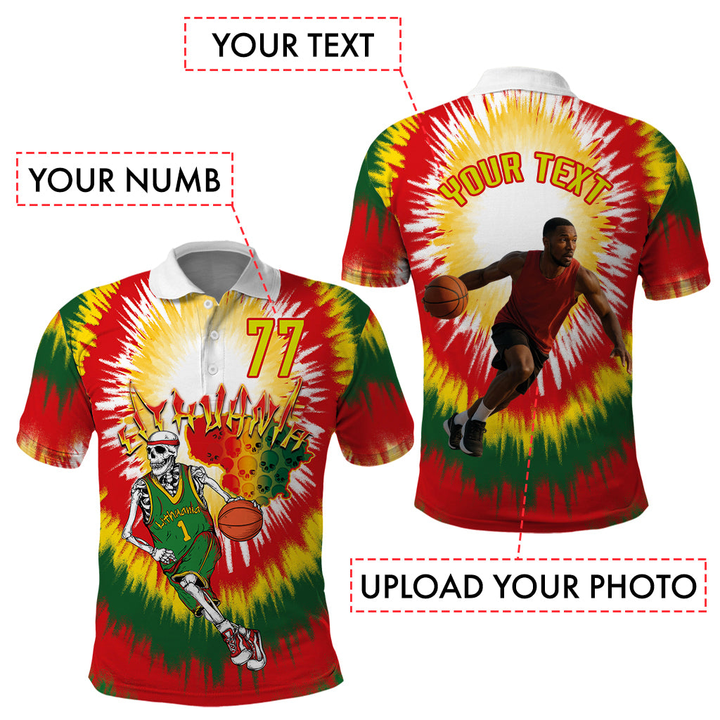 Custom Photo and Number Lithuania Polo Shirt Basketball-Skeleton Dribbling Tie-dye Style