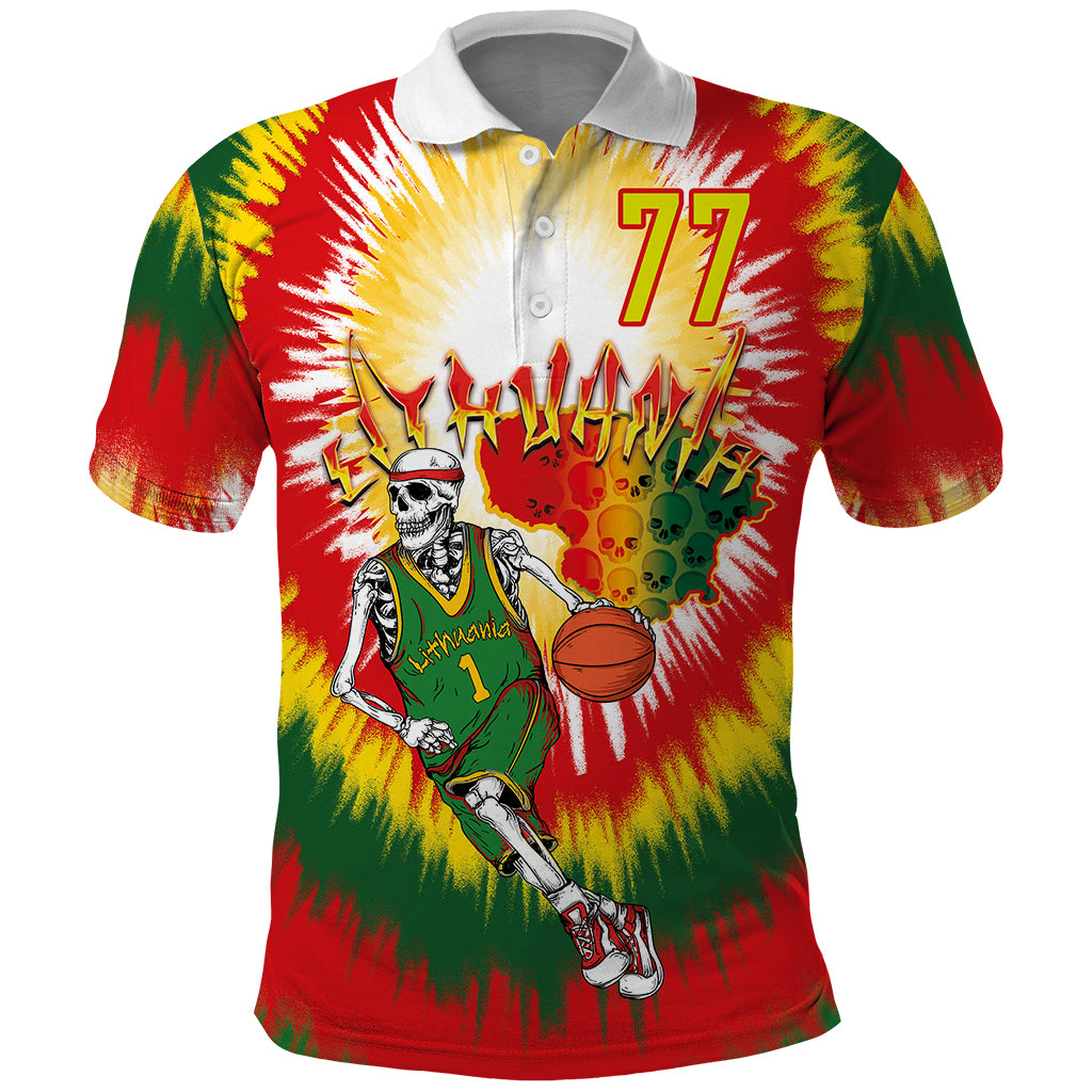 Custom Photo and Number Lithuania Polo Shirt Basketball-Skeleton Dribbling Tie-dye Style