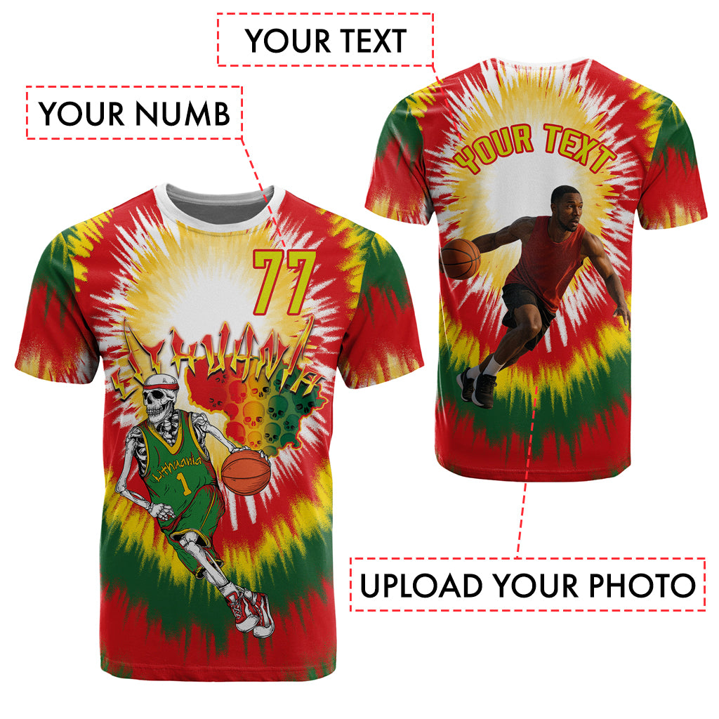 Custom Photo and Number Lithuania T shirt Basketball-Skeleton Dribbling Tie-dye Style
