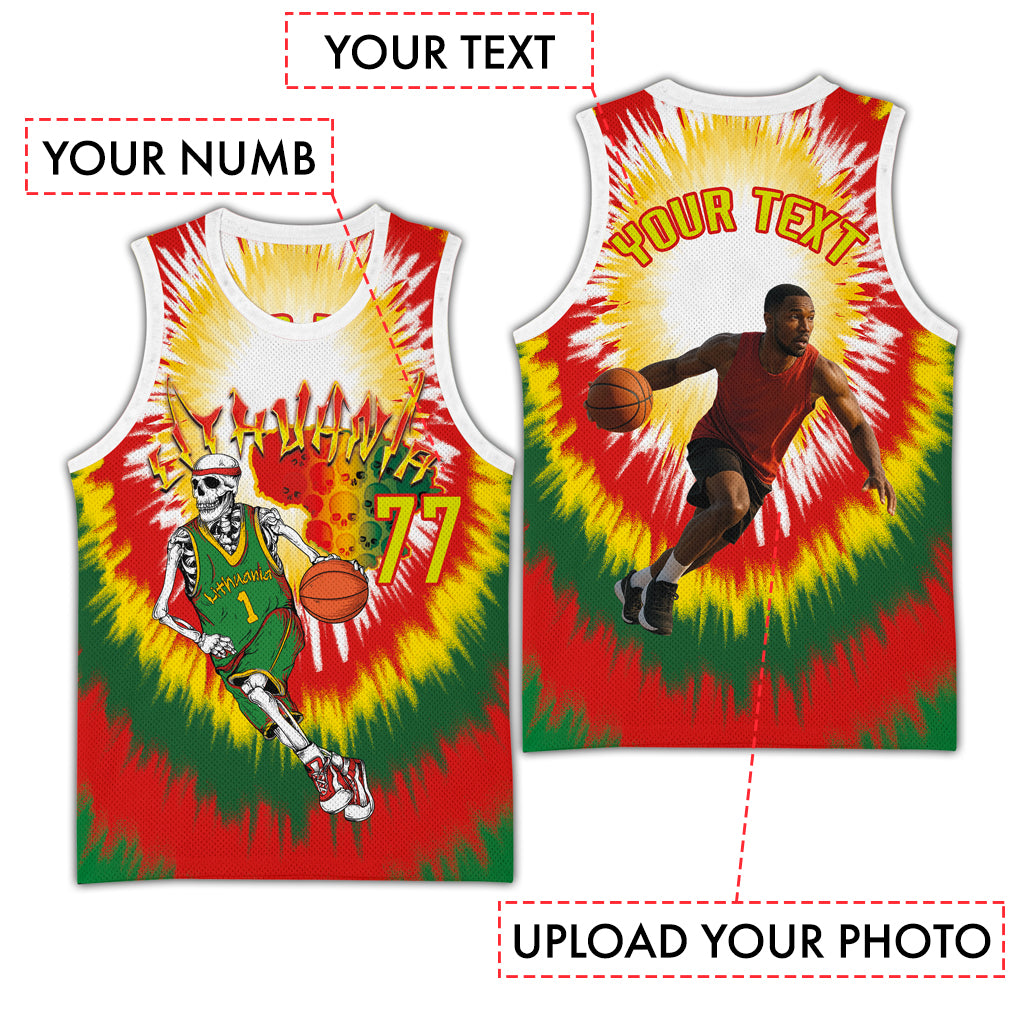 Custom Photo and Number Lithuania Basketball Jersey Skeleton Dribbling Tie-dye Style