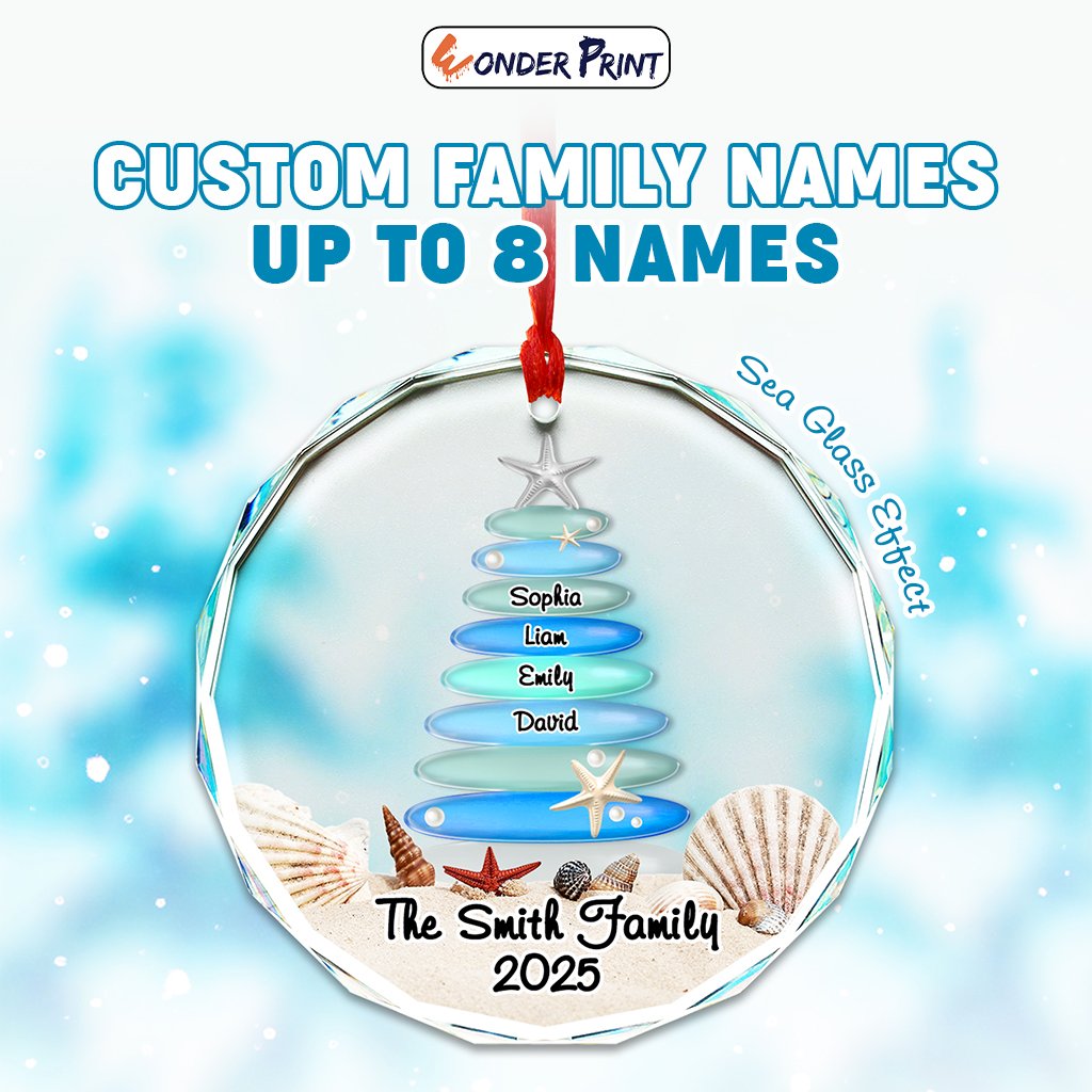 Custom Christmas Sea Glass Crystal Glass Ornament Family Names Tree - Wonder Print Shop