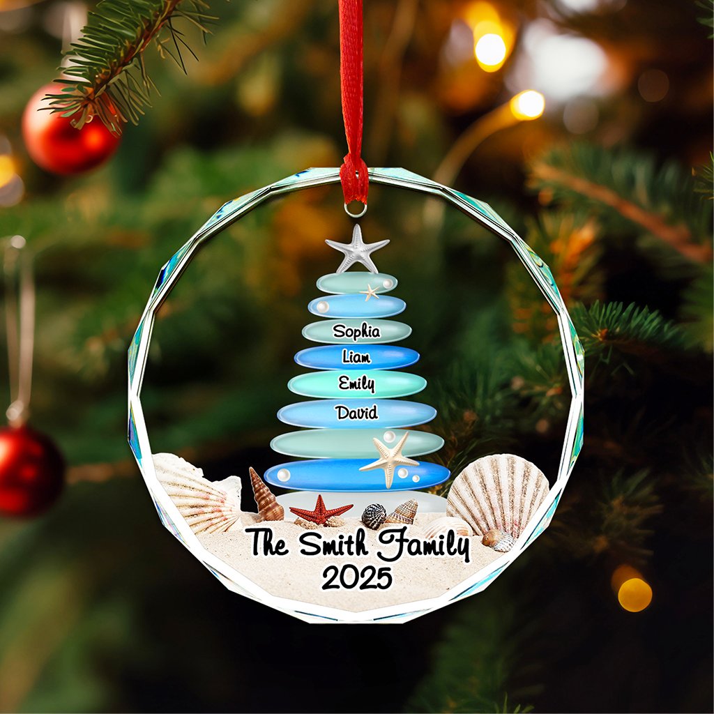 Custom Christmas Sea Glass Crystal Glass Ornament Family Names Tree - Wonder Print Shop