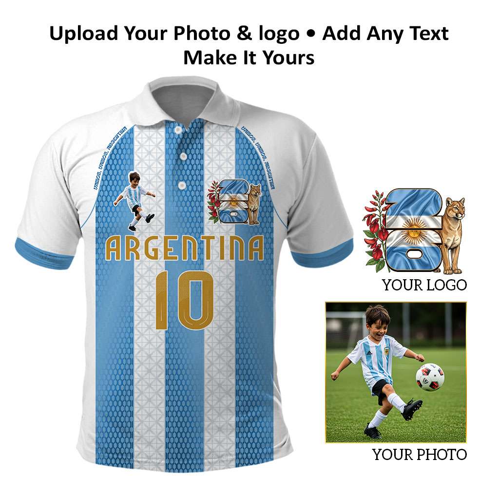 Custom Photo Name Argentina Polo Shirt Football Albiceleste Fan