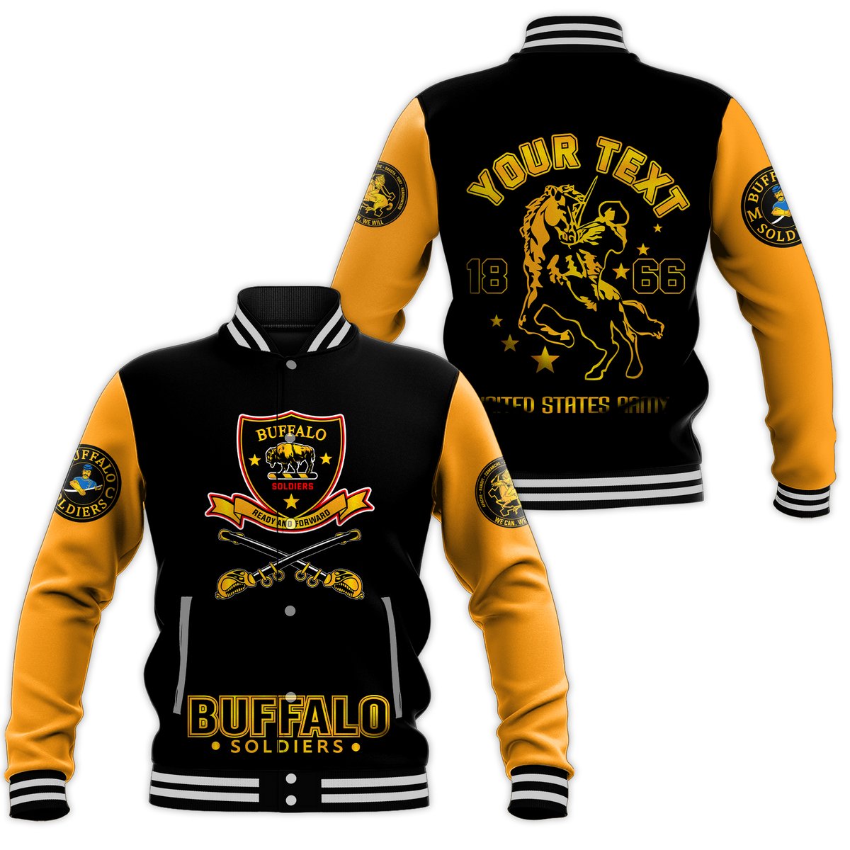 Black and yellow varsity baseball jacket with ribbed collar, cuffs, and front/back lion graphics