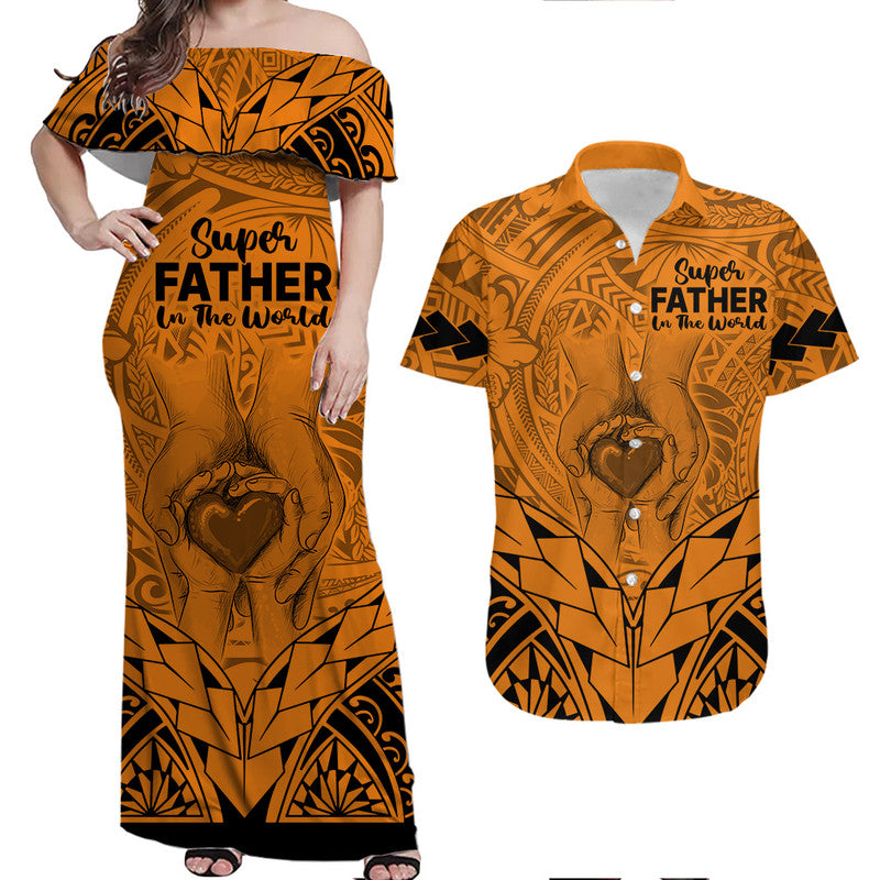 Matching Couple Outfit Polynesian Father's Day Gift For Dad Combo Off Long Dress and Hawaiian Shirt Super Father In The World - Gold Polynesian Pattern LT9 - Wonder Print Shop