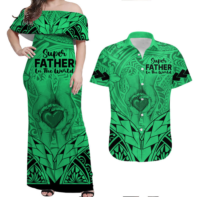 Matching Couple Outfit Polynesian Father's Day Gift For Dad Combo Off Long Dress and Hawaiian Shirt Super Father In The World - Green Polynesian Pattern LT9 - Wonder Print Shop