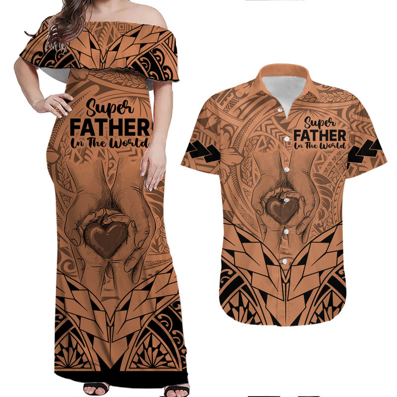 Matching Couple Outfit Polynesian Father's Day Gift For Dad Combo Off Long Dress and Hawaiian Shirt Super Father In The World - Nude Polynesian Pattern LT9 - Wonder Print Shop